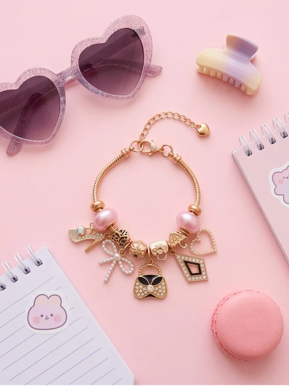 Gold & Pink Fashionista Charm Bracelet for Girls & Tweens